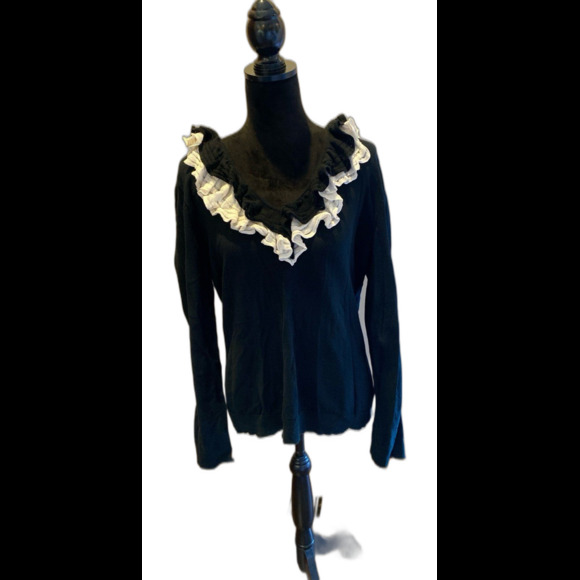 Chaps Women’s Lightweight Sweater Top Plus Size XL Navy Blue V Neck Lace Ruffle - Picture 1 of 10